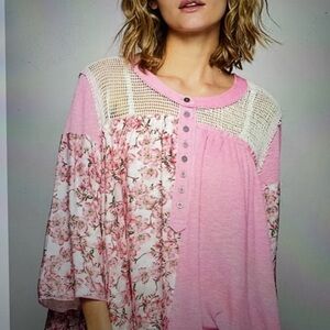 POL. Washed Floral print crochet top.